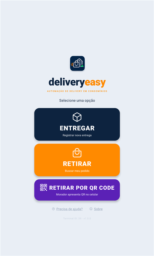 Tela inicial do DeliveryEasy com as opções Entregar, Retirar e Retirar por QR Code